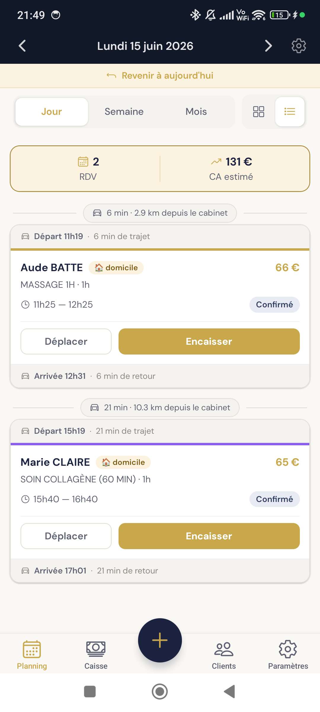 Orvya — planning du jour avec trajets calculés