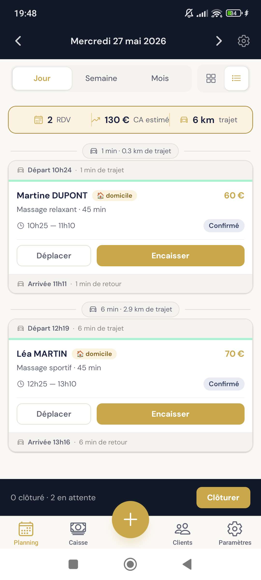 Capture de l'application Orvya — vue planning du jour